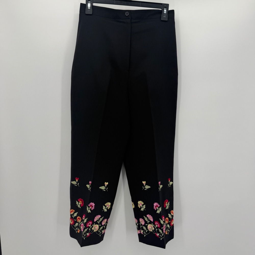 Vintage Larry Levine Black Floral Embroidered Straight Leg Ankle Pants Size 8